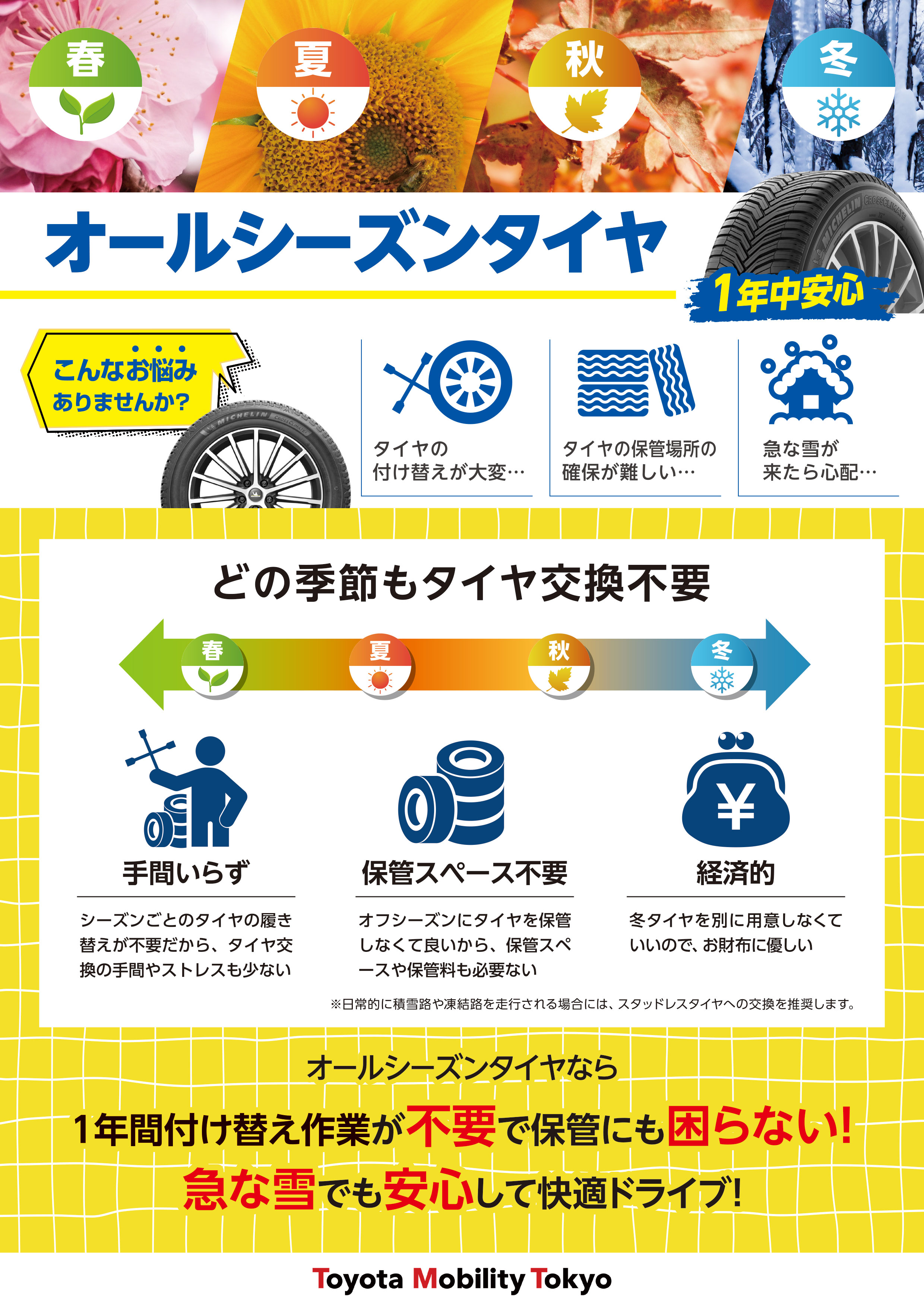 オールシーズンタイヤって雪道を走ってもいいの？ | トヨタモビリティ東京