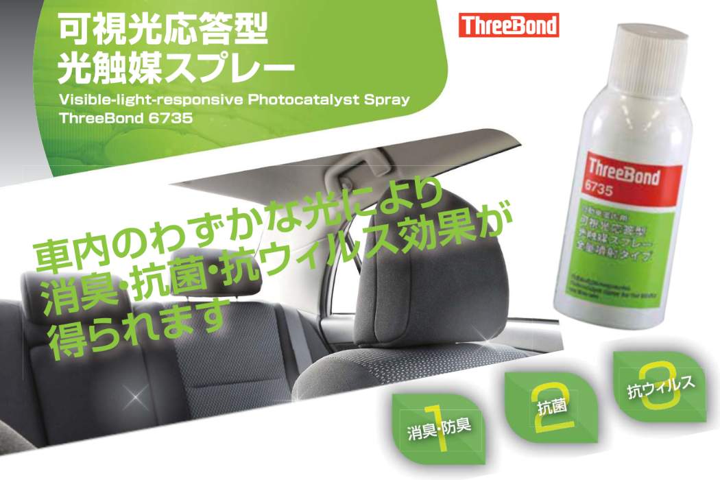 可視光応答型光触媒スプレー 車内のわずかな光により、消臭・抗菌・抗ウイルス効果が得られます。